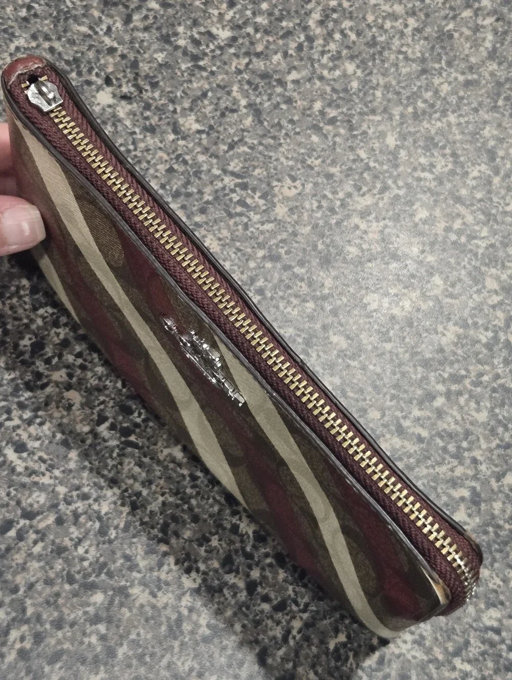 Coach Signature Stripe Zip Wallet Wristlet Brown Red Cream C1715